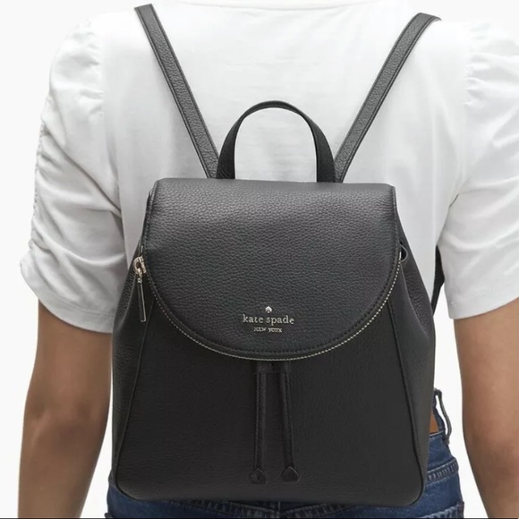 Leather Kate spade Leila medium flap backpack black new - Picture 2 of 8